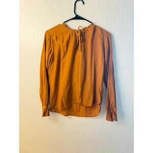 LOFT Orange Clip Dot Ruffle Neck Tie Back Long Sleeve Blouse Size SP